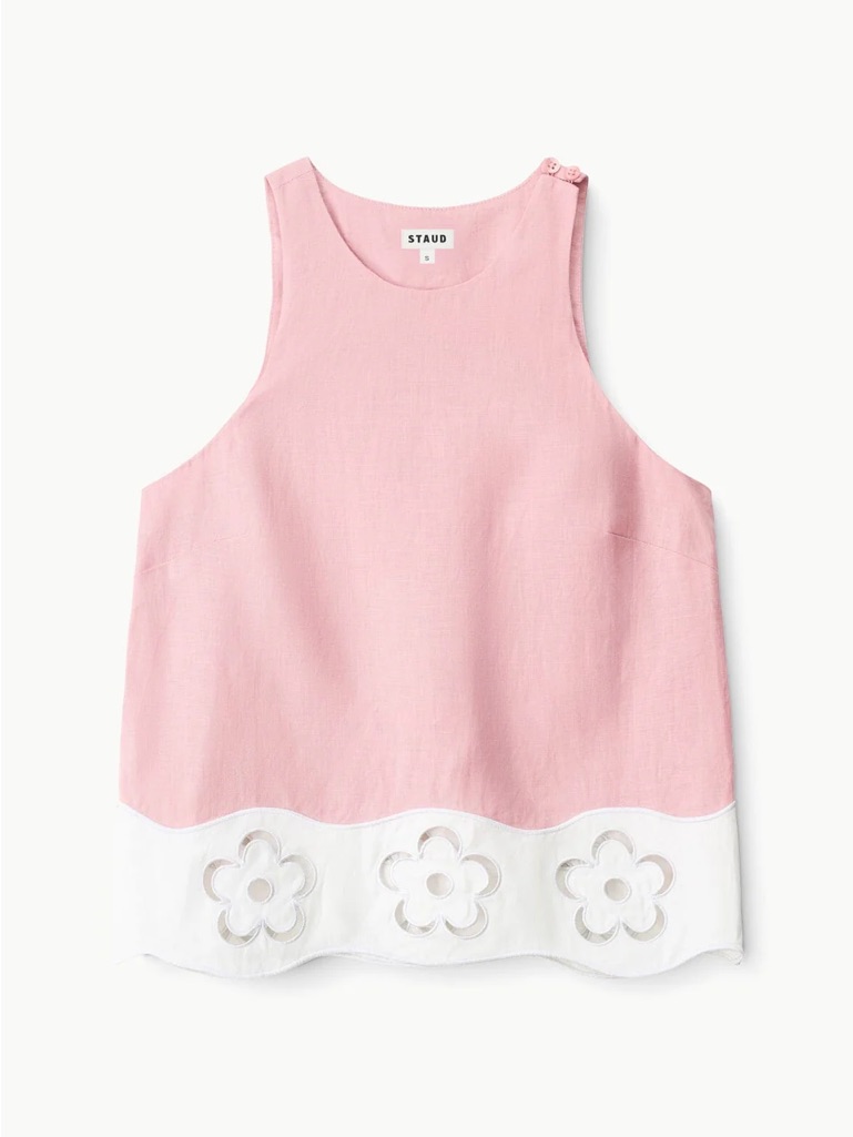 Staud Pink And White Floral Eyelet Tank Top